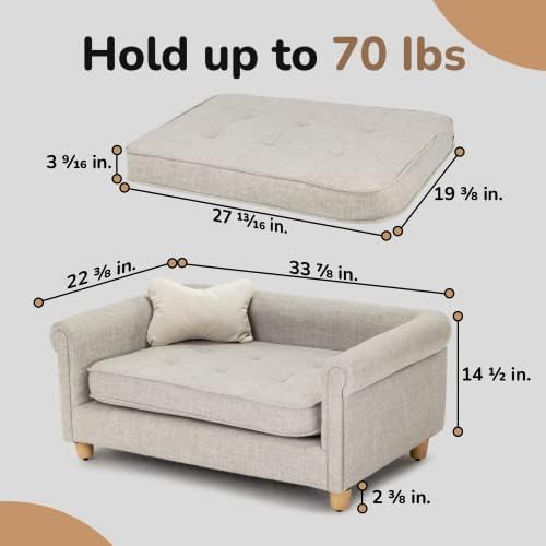 dCee Dog Sofa Bed for Medium Dogs of 70 Lbs, 33 in. Soft Velvety Dog Couch for Comfort Sleep and Joint Support, Light Grey