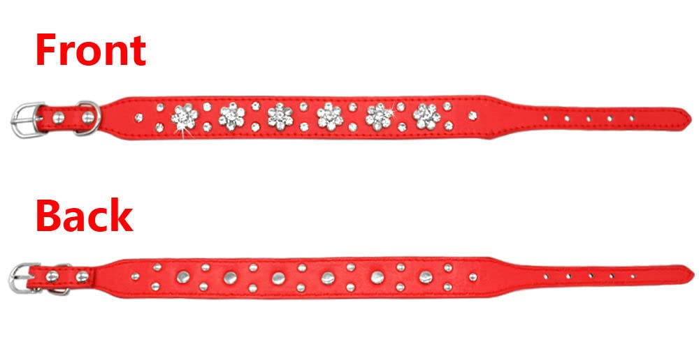 Serijoars Rhinestone Dog Collar, Cute Flower Rhinestone Bling Collar Pu Leather Adjustable Sizes Xs Small Medium (M, Red)