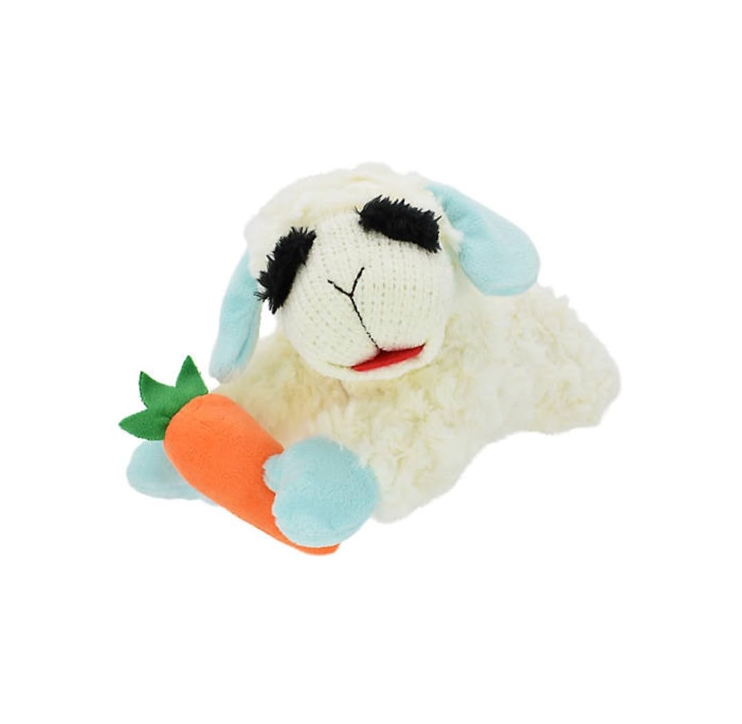 Multipet Spring Easter Lamb Chop with Light Blue Ears Holding Carrot Plush Squeaker Dog Toy - 11''