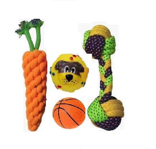 Pet Believe Puppy And Dogs Chew Rope Squeaky Teething Toys | Carrot | Rope Dumbbell | Dog Face Ball | Squeaky Baseball Combo (Pa
