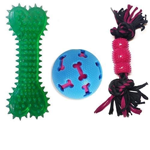 Rvpaws Puppy Squeaky Ball Spike Bone Toy Two Knot Teething Rope Toy Dog Toys Chew Toys Puppy Toys (Pack Of 3)