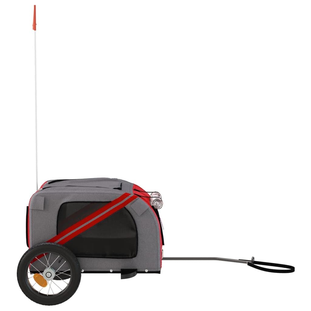 vidaXL Pet Bike Trailer for Small Dogs, Red/Grey - Oxford Fabric Cargo Carrier with Iron Frame, PVC Cover, Air Vents, Reflectors, & Safety Flag, 48.8x20.9x20.9 in