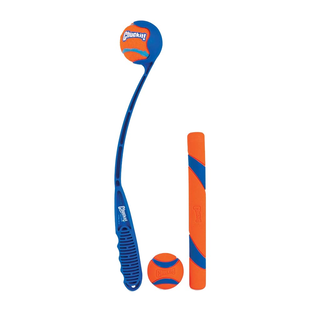 Chuckit! Fetch Pack - Indestructible Dog Toy Launcher with Tennis Ball & Ultra Rubber Ball, 18M, Orange and Blue