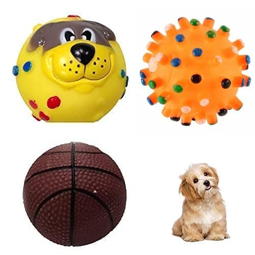 Pet Guard Puppy Squeaky Toy Combo Of 3, Dog Toy Ball ( Spiked Ball + Baseball + Cute Puppy Face Ball)  Color May Vary23