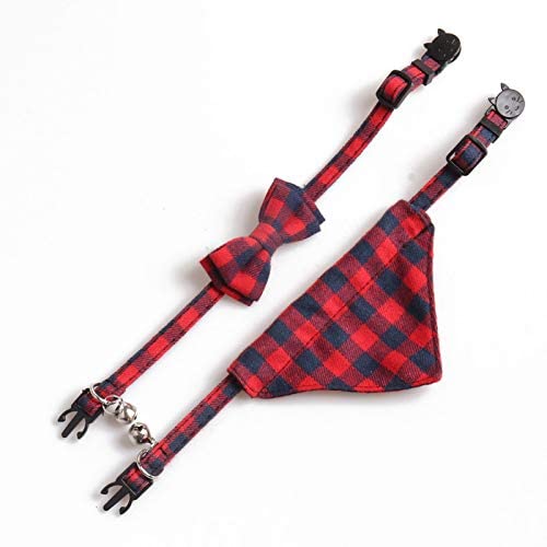 Imikoko 2 Pack of Bow Tie Cat Collar Bandana, Size Adjustable Plaid Cat Collars with Breakaway Bell - for Kitty Cats Puppy Dogs