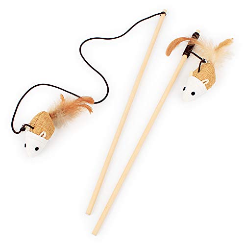 Dog Trust Cat Teaser Playing Stick  |Feather Sound Hedgehog Stick | Wooden Jute Mice Stick Cat Teasing Stick Kitten Toys