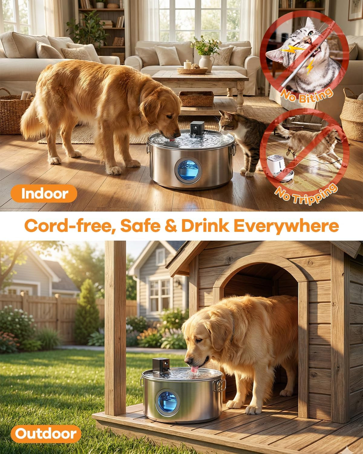 Wireless Dog Water Fountain Stainless Steel 3.4Gal Large Pet Fountain