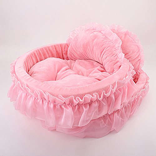 Wysbaoshu Cute Princess Pet Bed Bow-Tie Lace Cat Sofa Soft Plush Small Dog Cushion Bed Kitten Puppy Round Beds (S, Pink)