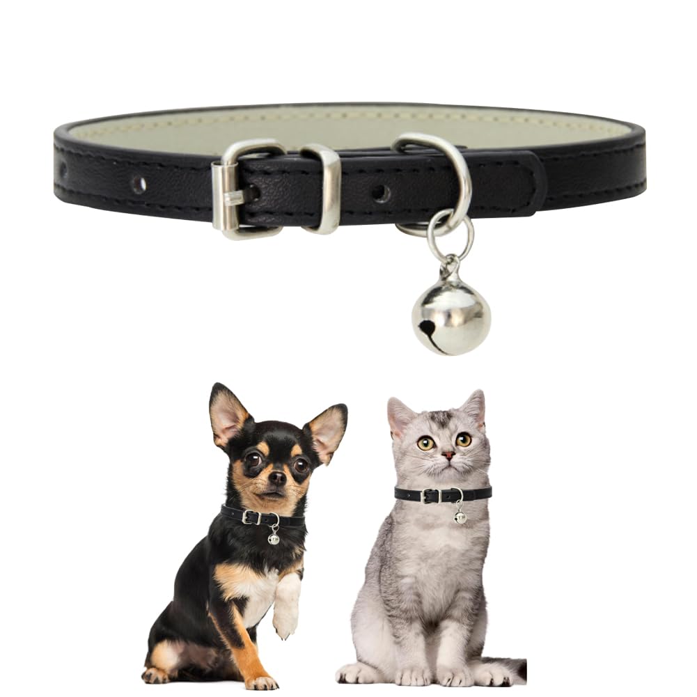 Black Puppy Collar With Bell,Cat Collar With Bell,Soft Pu Leather Xs Dog Collar Adjustable Buckle For Xxs Extra Small Medium Tin