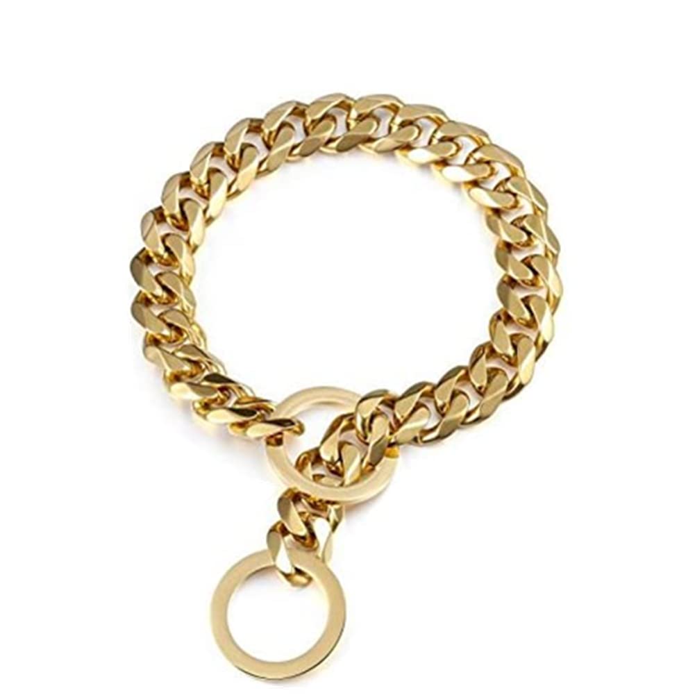 Rumypet Gold Dog Collar 18K Gold P Chain 11Mm/15Mm/19Mm Cuban Link Chain Collar Walking Trainning For Small Medium Large Dogs 12