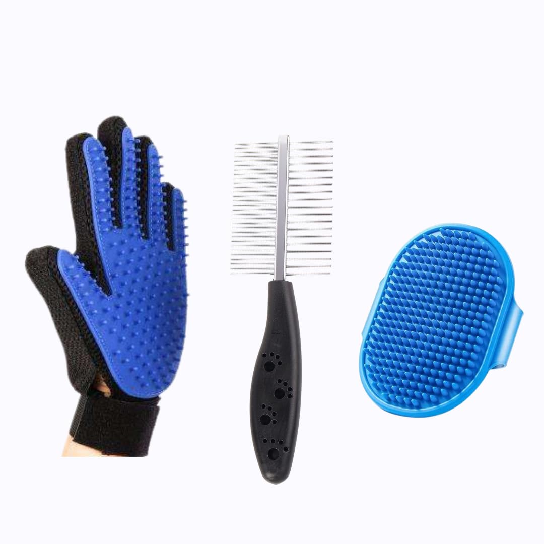 Pet Grooming Combo Kit  Glove, DoubleSided Comb, and Silicone Bath Brush, Pack of 3