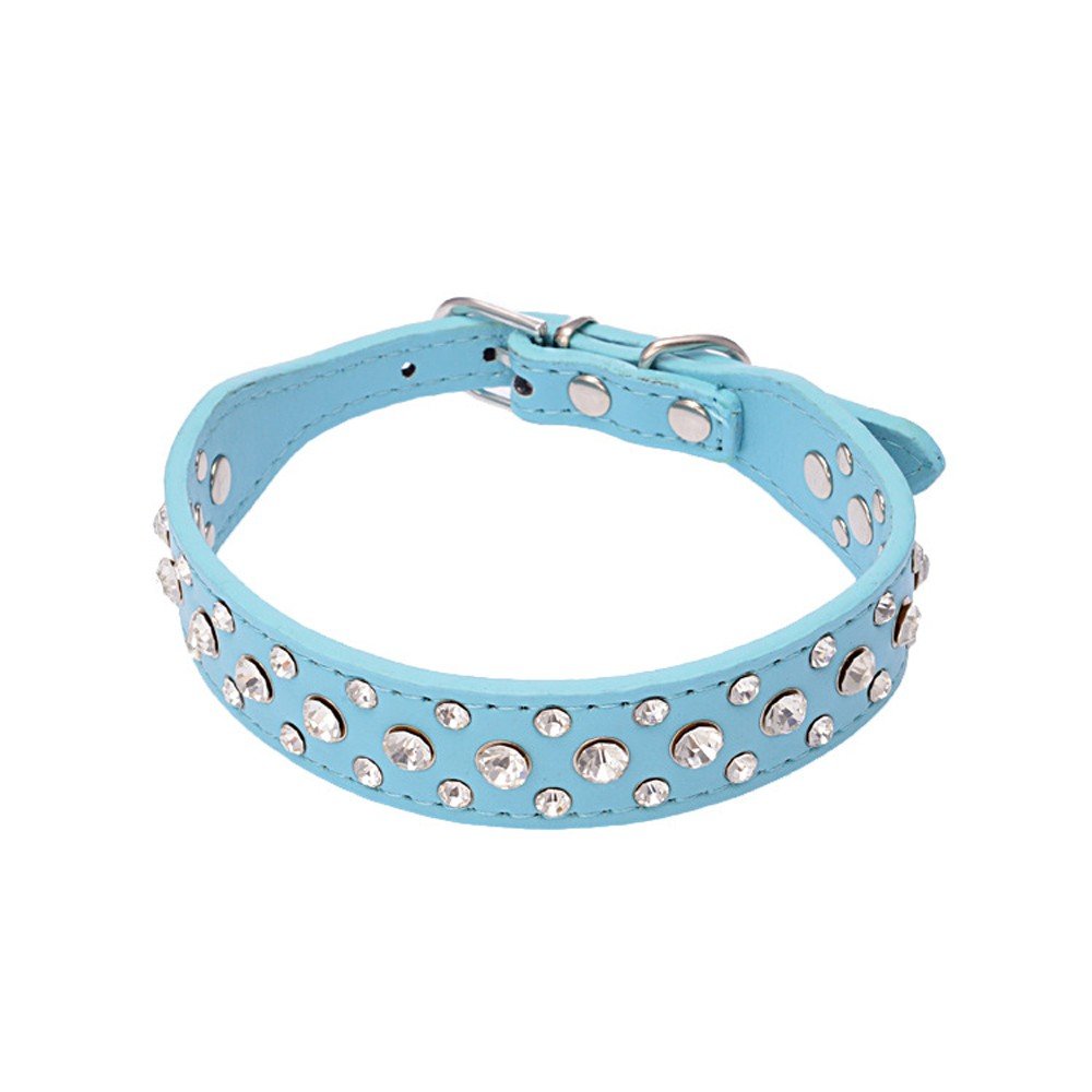 Dogs Kingdom 10-24 Length Personalized Rhinestone Leather Bling Crystal Pet Dog Cat Collars For Small Medium Breeds Blue Xxs