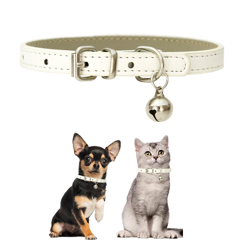 White Mefium Dog Collar With Bell,Soft Pu Leather Dog Collar With Bell Adjustable Buckle For Xxs Extra Small Medium Tiny Male Bo