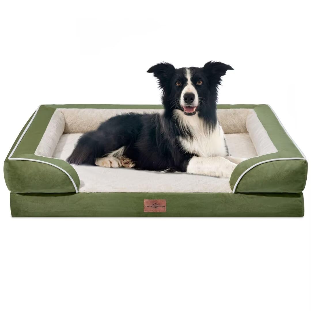 Comfort Expression Waterproof Dog Beds For Large Dogs, Orthopedic Large Breed Dog Beds, Comfy Pet Bed Sofa With Washable Removable Cover & Non-Slip Bottom(Large,Light Green)