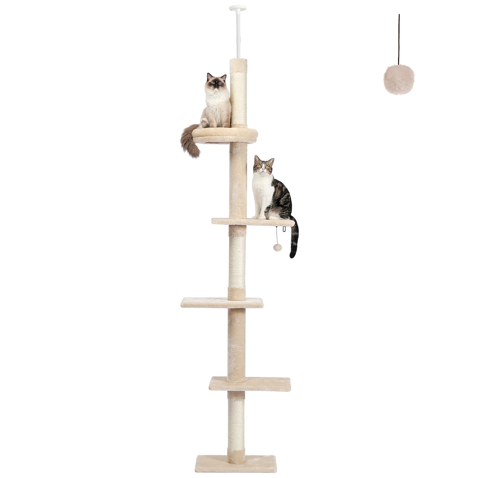 Petepela Cat Tree 5-Tier Floor To Ceiling Cat Tower Height Adjustable (95-108 Inches), Tall Kitty Climbing Activity Center With Scratching Post, Cozy Bed, Dangling Ball For Indoor Cats Upgraded Beige