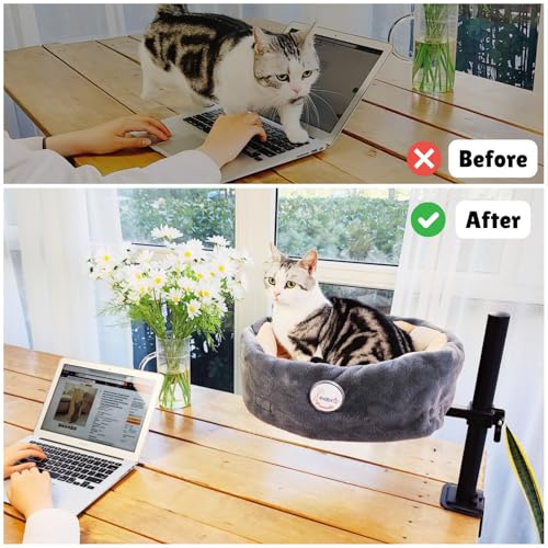 Pawzentic Large Cat Desk Bed,One-Button Easy Lift & Rotate,360 Rotation,Extra Thick Cushion,Super Soft Plush Faux Fur Pet Bed,Ma