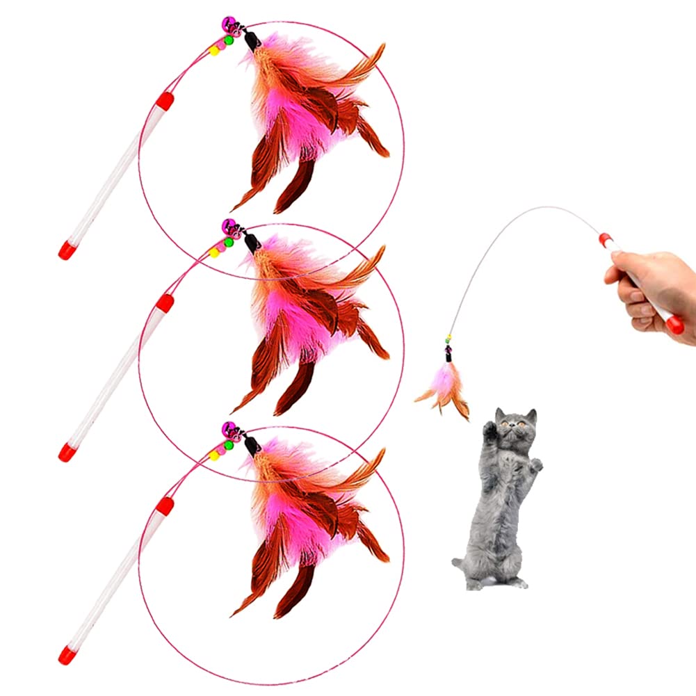 Maiyu Cat Feather Wand Toy, 3 Pack Steel Wire Feather Interactive Cat Stick Training, Beads Bells Kitten Wand Toys, Pet Teaser W