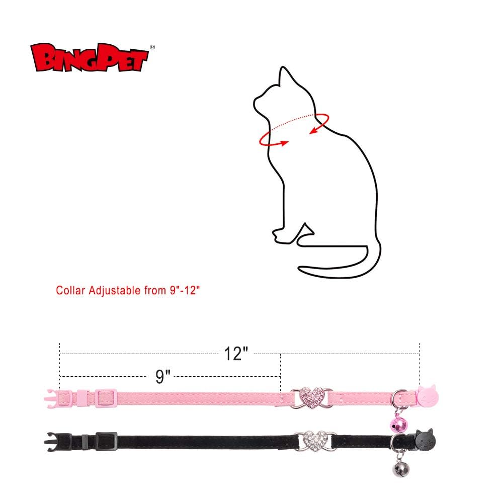 Bingpet Cat Collar Breakaway With Bell, Pack Of 2 Heart Bling Collar Safety With Soft Velvet Adjustable For Kittens