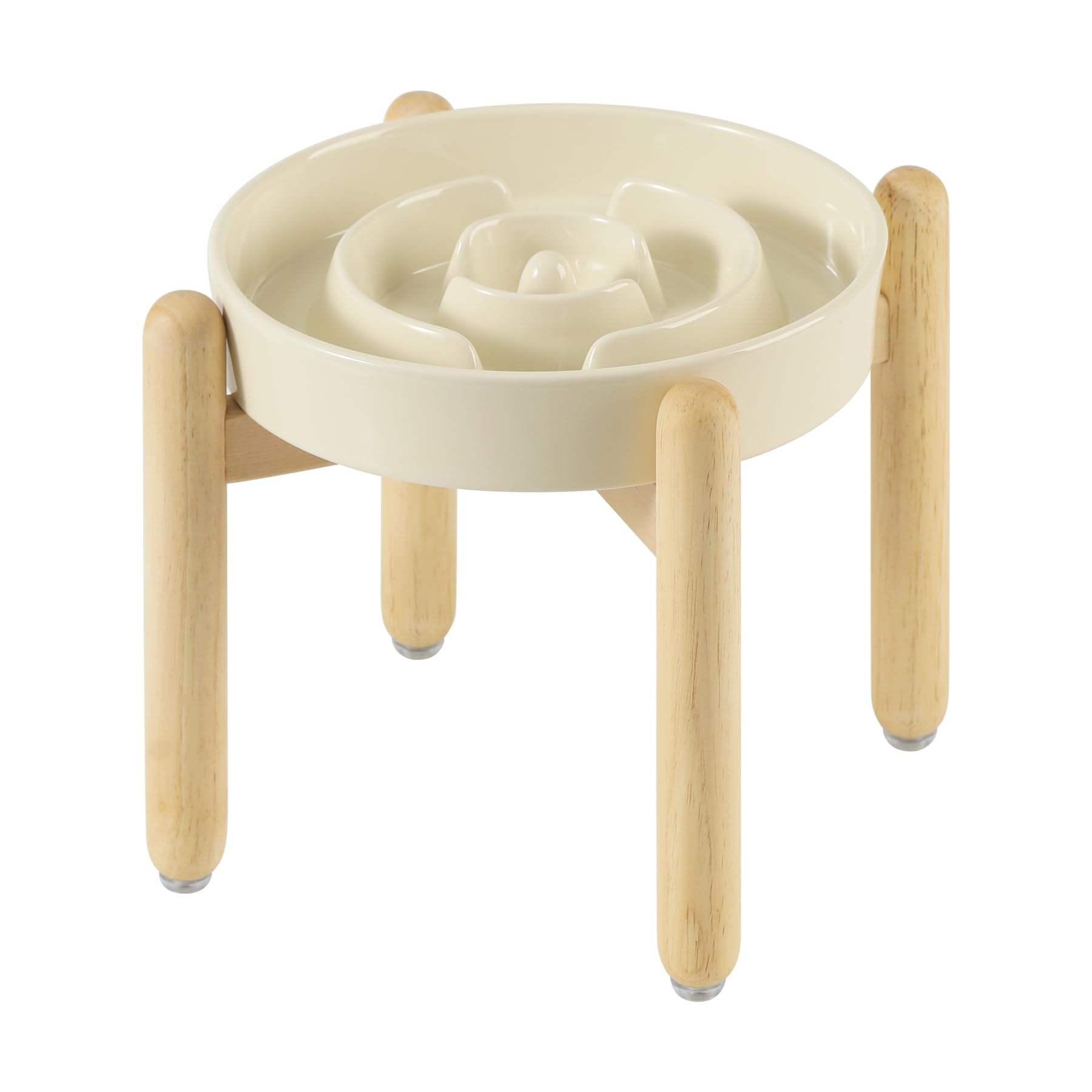 Havniva 7.3Inch Ceramic Raised Slow Feeder Dog Bowl Set, Elevated Wooden Stand For Medium And Small Dog, Puzzle Slow Dish, Anti-