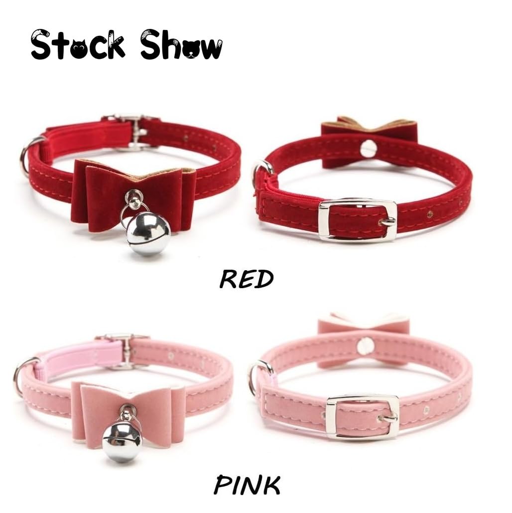 Stock Show 2Pcs Small Pet Velvet Bowknot Collar With Bell Adjustable Pu Leather Cute Necklace Bow Tie For Cat Kitten Kitty Dog Puppy, Pink&Red