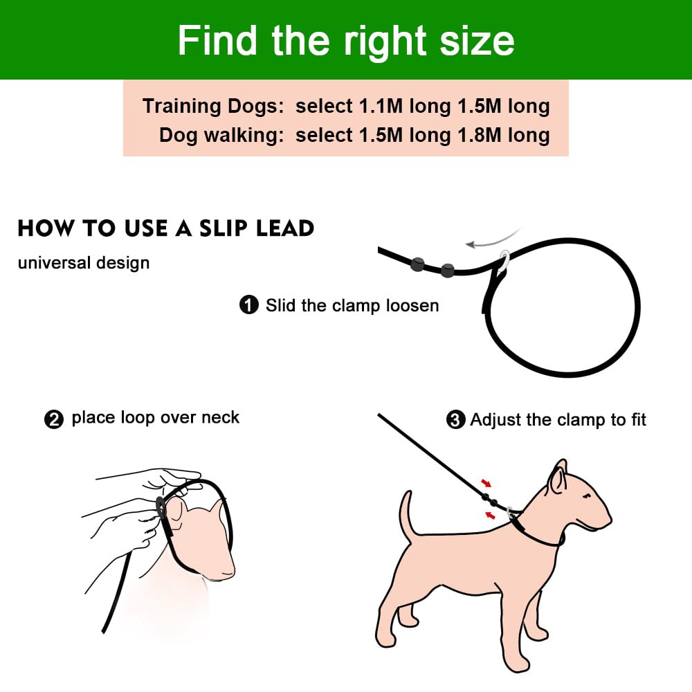 BeauGo Dog Slip Lead - 1.8M Black Nylon Training Leash for Small, Medium, Large Dogs - Gentle Leader Model WALK DOG