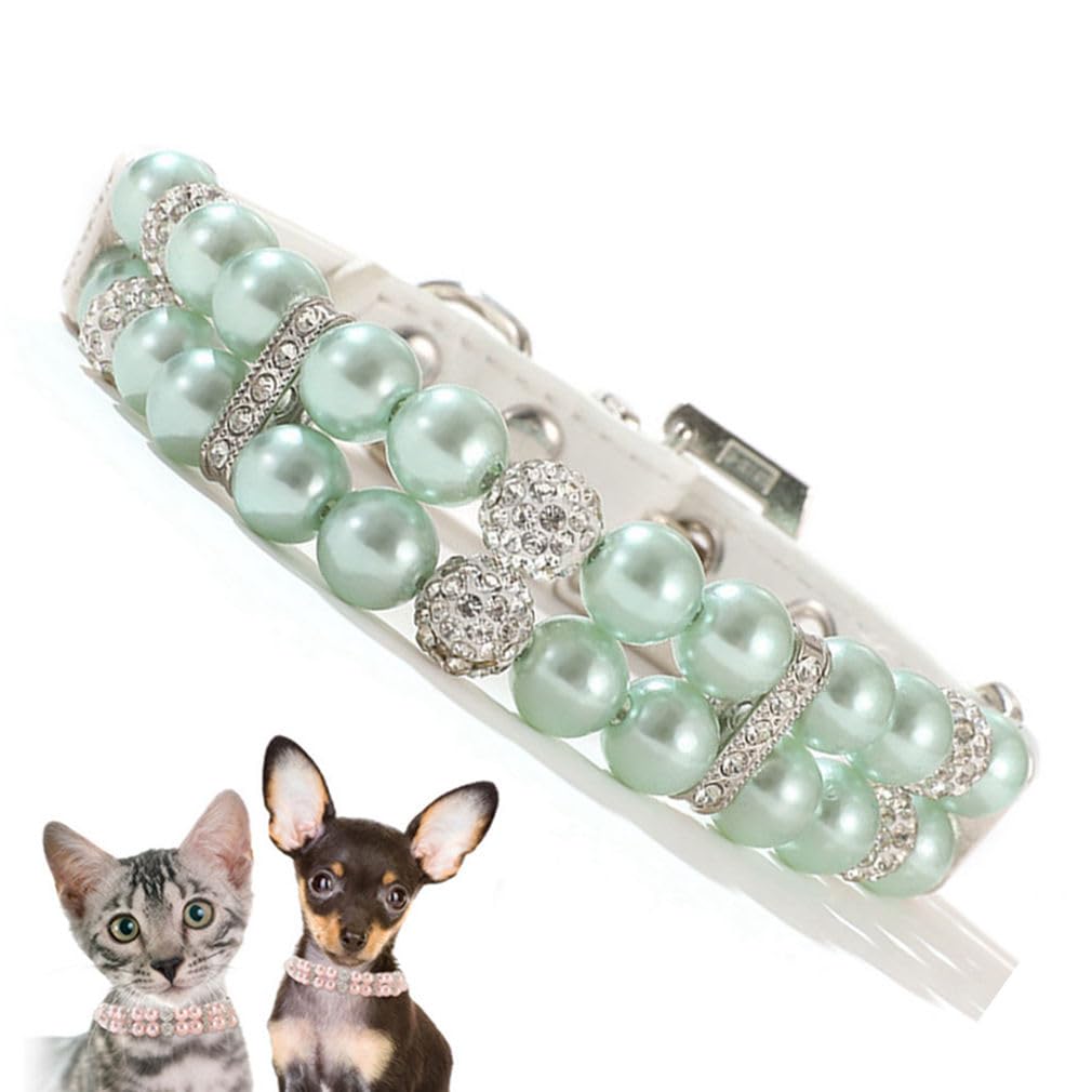 Green Pearl Collar For Dogs, Fancy Crystal Bling Pearl Dog Collar Rhinestone Luxury Beaded Puppy Necklace Diamond Girl Pet Jewel