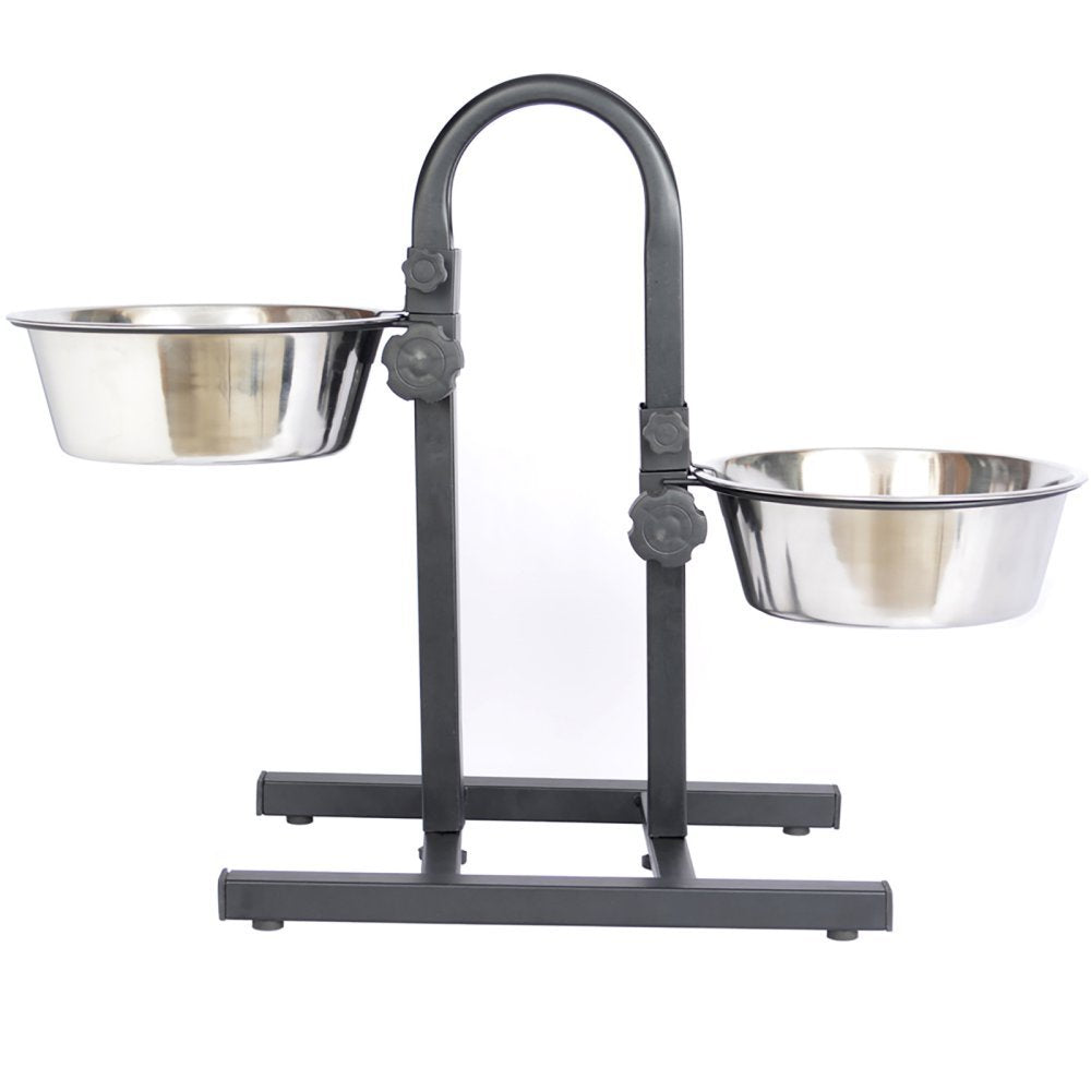 Iconic Pet Adjustable U-Design Double Diner - Anti-Skid Rubber Base Noise Free Stable Dog Food Stand with 5 Quart/ 160 oz Stainl