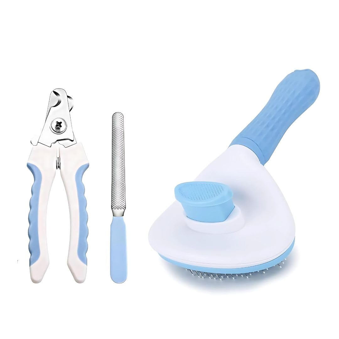 Pet Fun 3 In 1 Pet Grooming Kit Combo | SelfCleaning Slicker Brush, Nail Clipper & Nail Filer For Dogs & Cats | Professional Gr