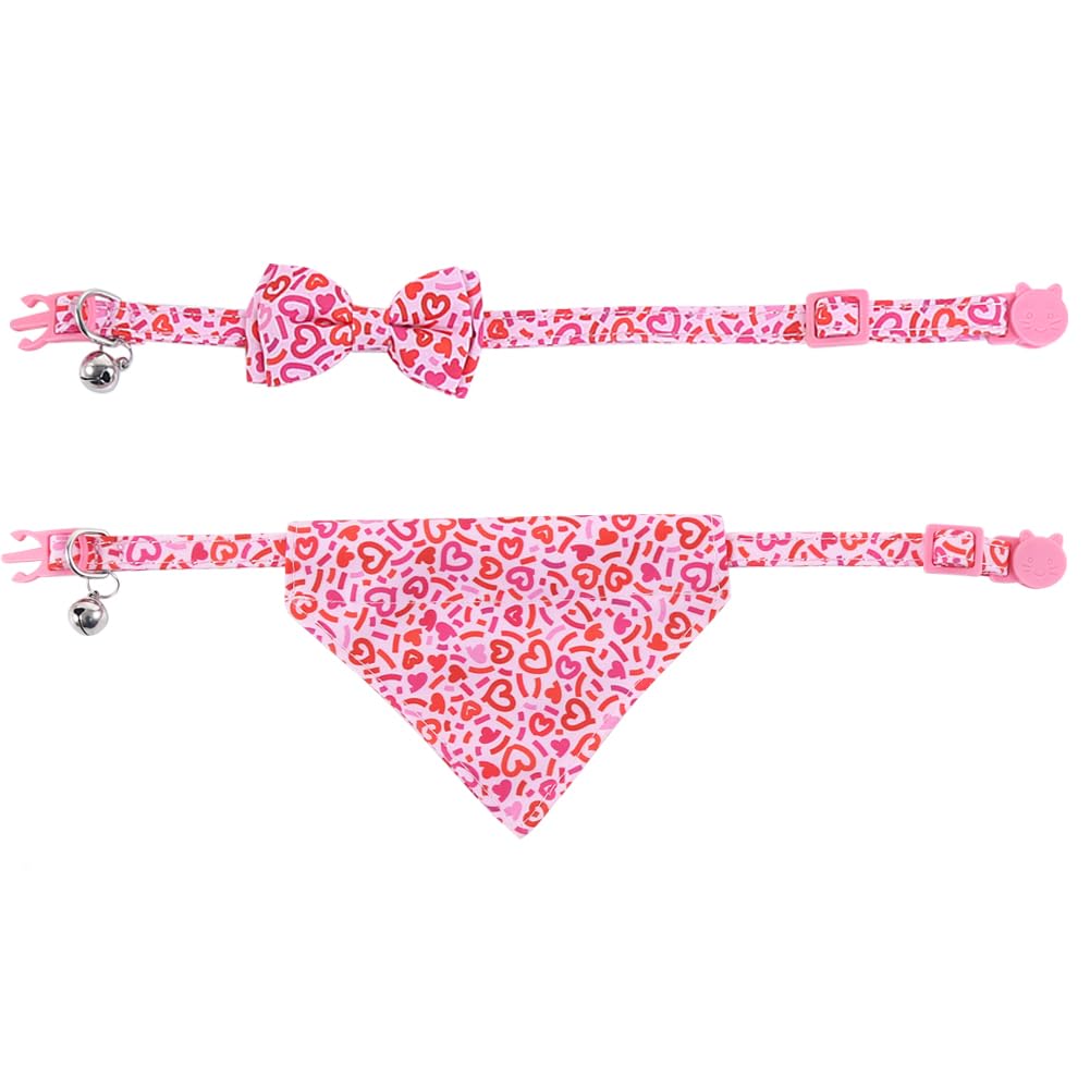 Valentine'S Day Cat Collar Breakaway With Bow Tie Bandana And Bell Holiday For Kitty Adjustable Safety Love Heart