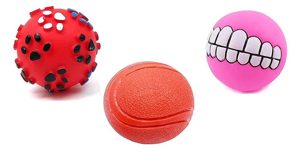 Dog Trust Dog Ball And Squeaky Toys 3 In 1 Combo For Dogs Puppy Cats (Paw Print+Hard Rubber Ball+Funny Teeth Ball