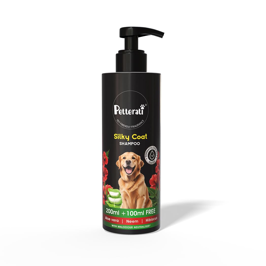 Petterati Silky Coat Dog Shampoo | Aloe Vera, Neem & Hibiscus | Deep Cleansing For Soft, Shiny Coat | 200Ml + 100Ml Free