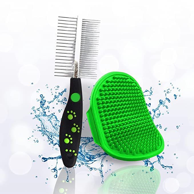 Rvpaws Pet Grooming Double Sided Steel Comb And Pet Shampoo Brush For Bathing Hand Brush With Rubber Bristles For Dogs And Cats 