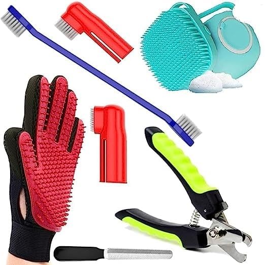 D&C PAWS ALL in One Dogs Grooming Kit  Pet Shampoo Brush, Nail Cutter, Tooth Brush and Grooming Hand Glove Ideal for Puppy, Cat