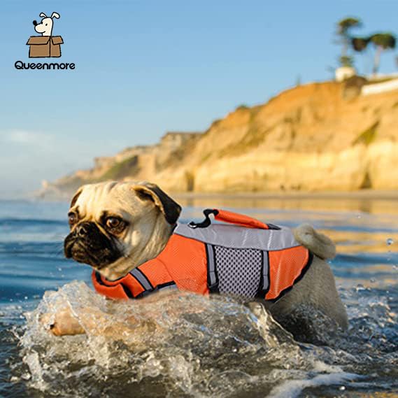 Dog Life Jacket Swimming Vest Lightweight High Reflective Pet Lifesaver With Lift Handle, Leash Ring Orange,M