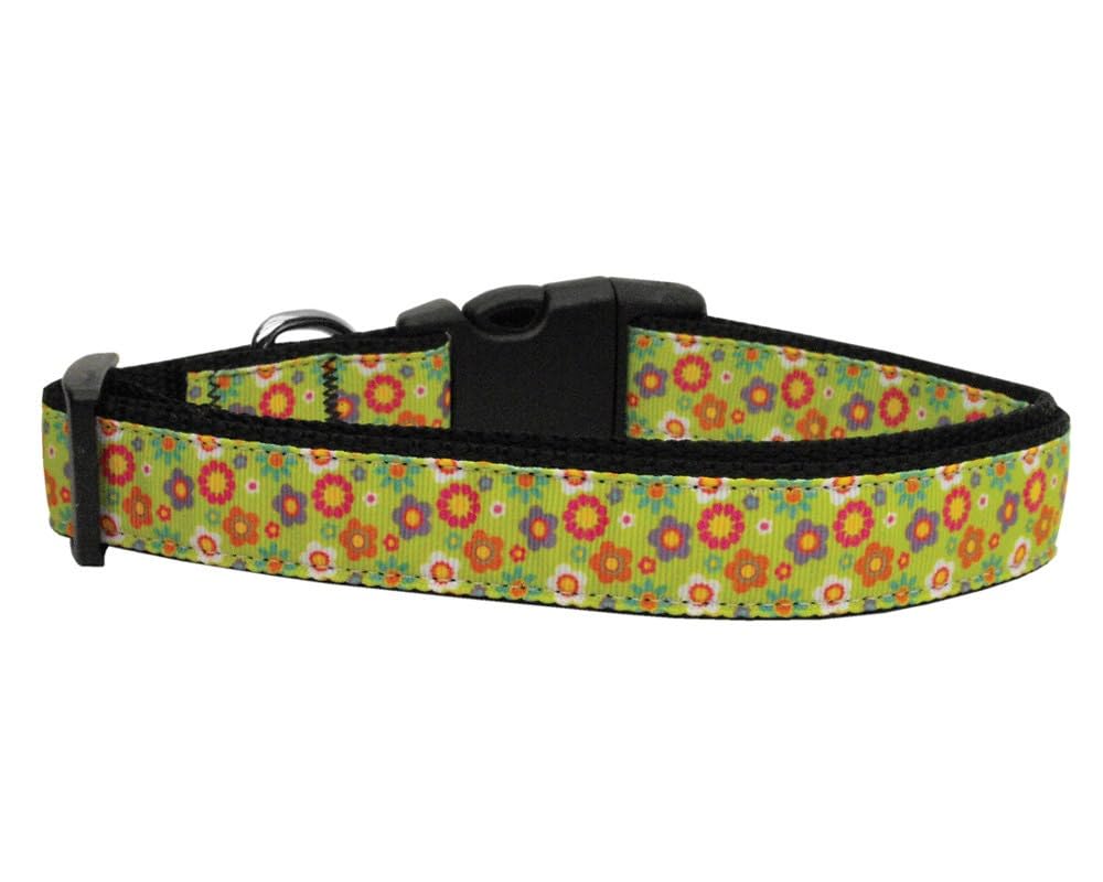 Pet Dog & Cat Nylon Collar or Leash, "Lime Green Spring Flowers" XL Collar