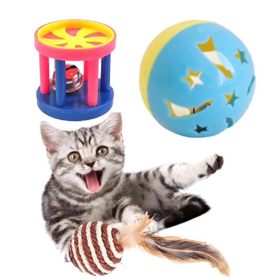 The Dds Store 3 Pcs Combo Cat Toy Value Pack Plastic Ball Toys Lattice Balls With Bell Jingle Kitten Toy Sisal Rope Cat Ball (Co