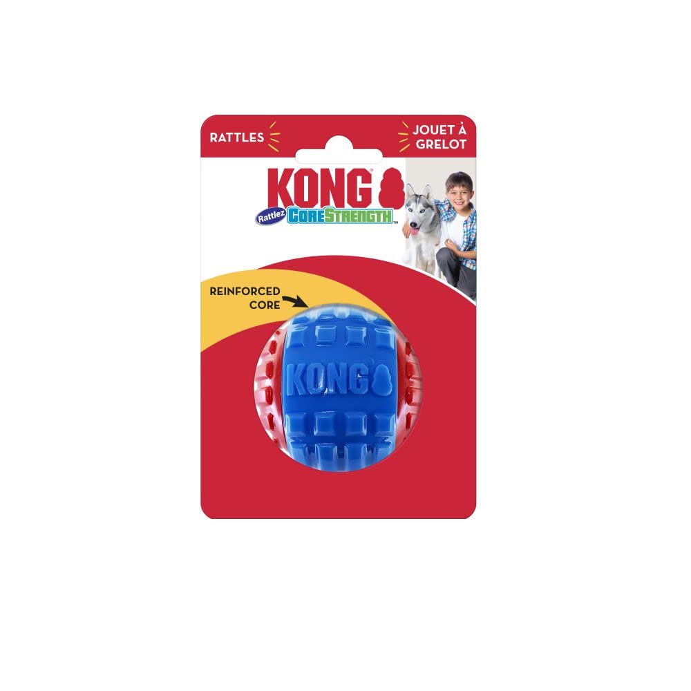KONG CoreStrength Rattlez Ball Dog Toy - Durable Textured Material, Large, Blue/Red