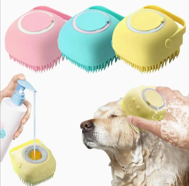Paw N Pet Dog Bath Brush Shampoo Dispenser | Soft Silicone Bristles Pet Grooming/Bathing & Massage Brushes For Pet Puppy Dogs Ca