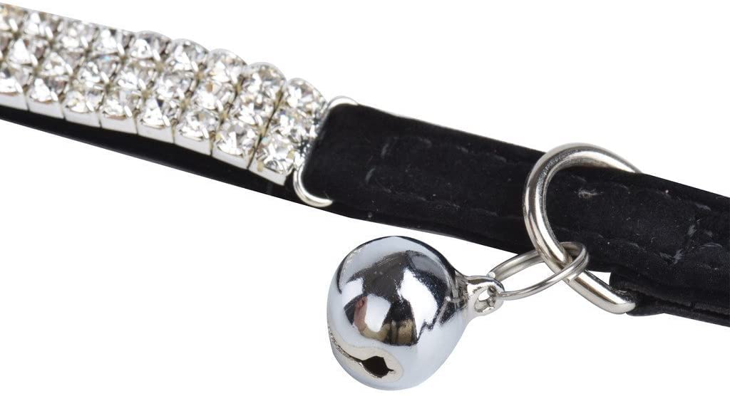 CHUKCHI Adjustable Cat Collar with Bling Diamante and Bells, 11 inch, Black, Soft Velvet Material for Small Dogs and Cats