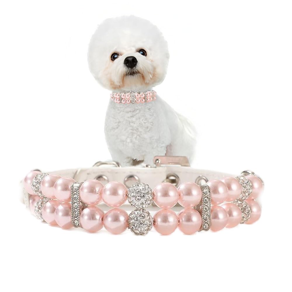 Pink Pearl Dog Collar, Pearl Cat Collar Pu Leather Female Dogs Necklace With Crystal Diamond Rhinestone Jewlled For Small Medium