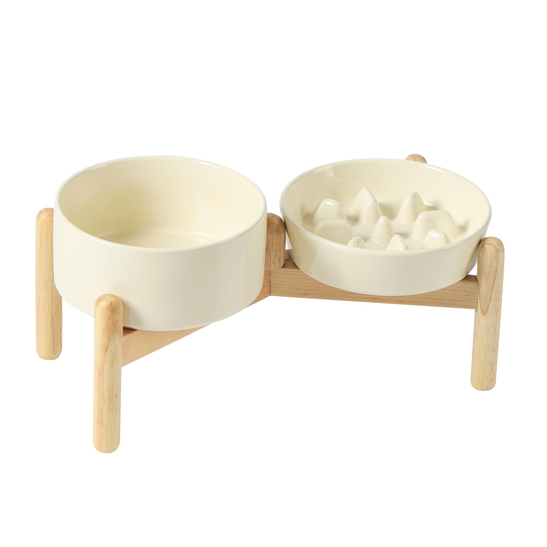 Havniva Ceramic 0.9 Cup Raised Slow Feeder Dog Bowl Set, Elevated 6.1inch Slow Dish and 6.1inch Water Bowl with Wooden Stand for