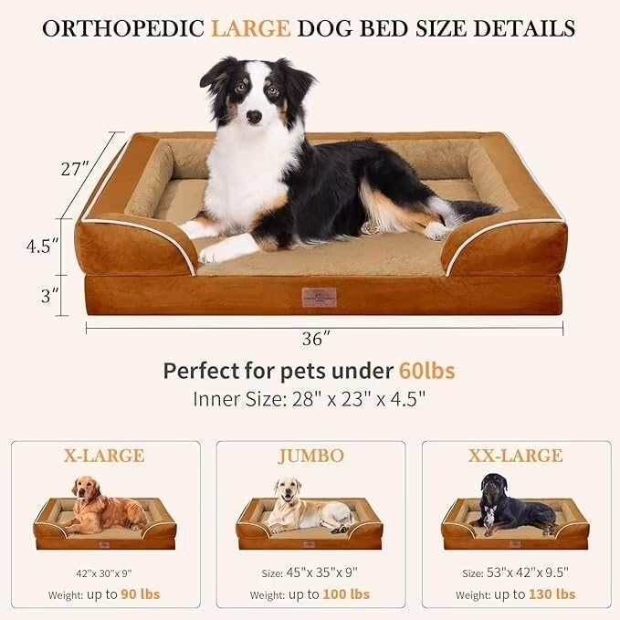 Comfort Expression Large Dog Beds Orthopedic Foam, Waterproof Dog Beds For Large Sized Dogs, Comfy Washable Pet Bed Sofa With Removable Cover & Non-Slip Bottom(Large,Caramel)
