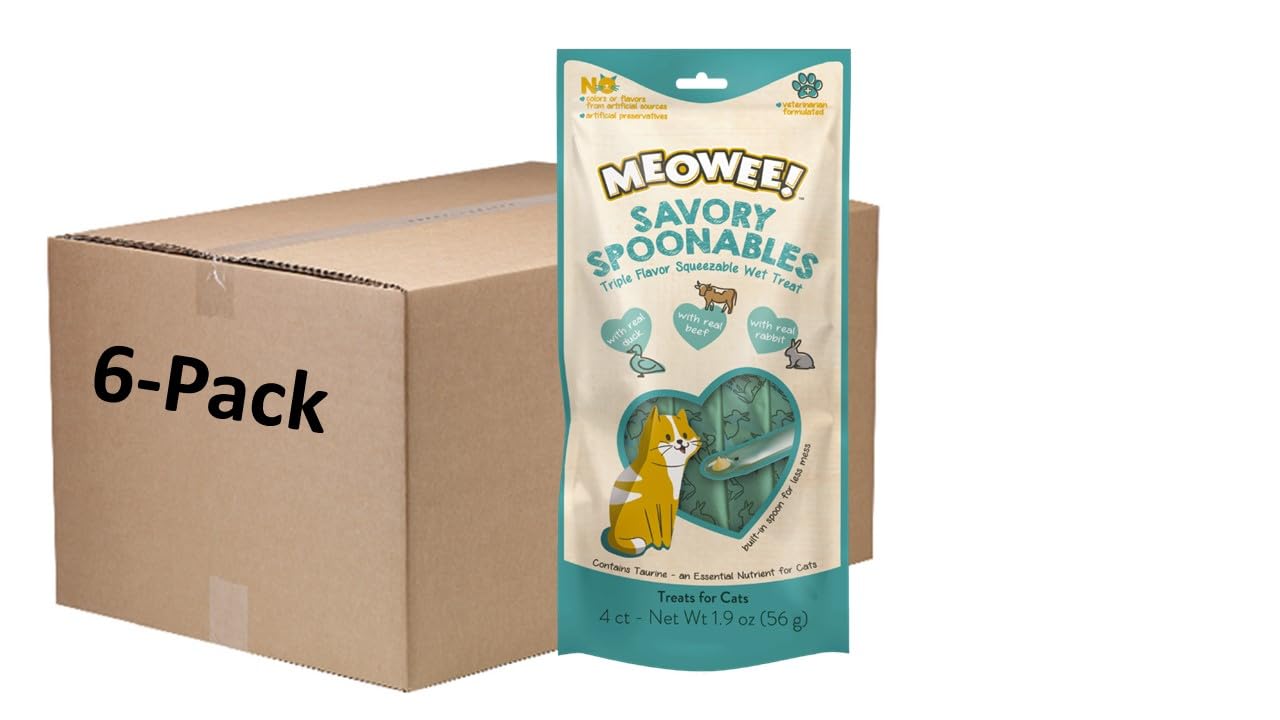 MEOWEE! Savory Spoonables with Real Duck, Beef & Rabbit, 4 Count Tube, Triple Flavor Squeezable Lickable Wet Treats for Cats wit