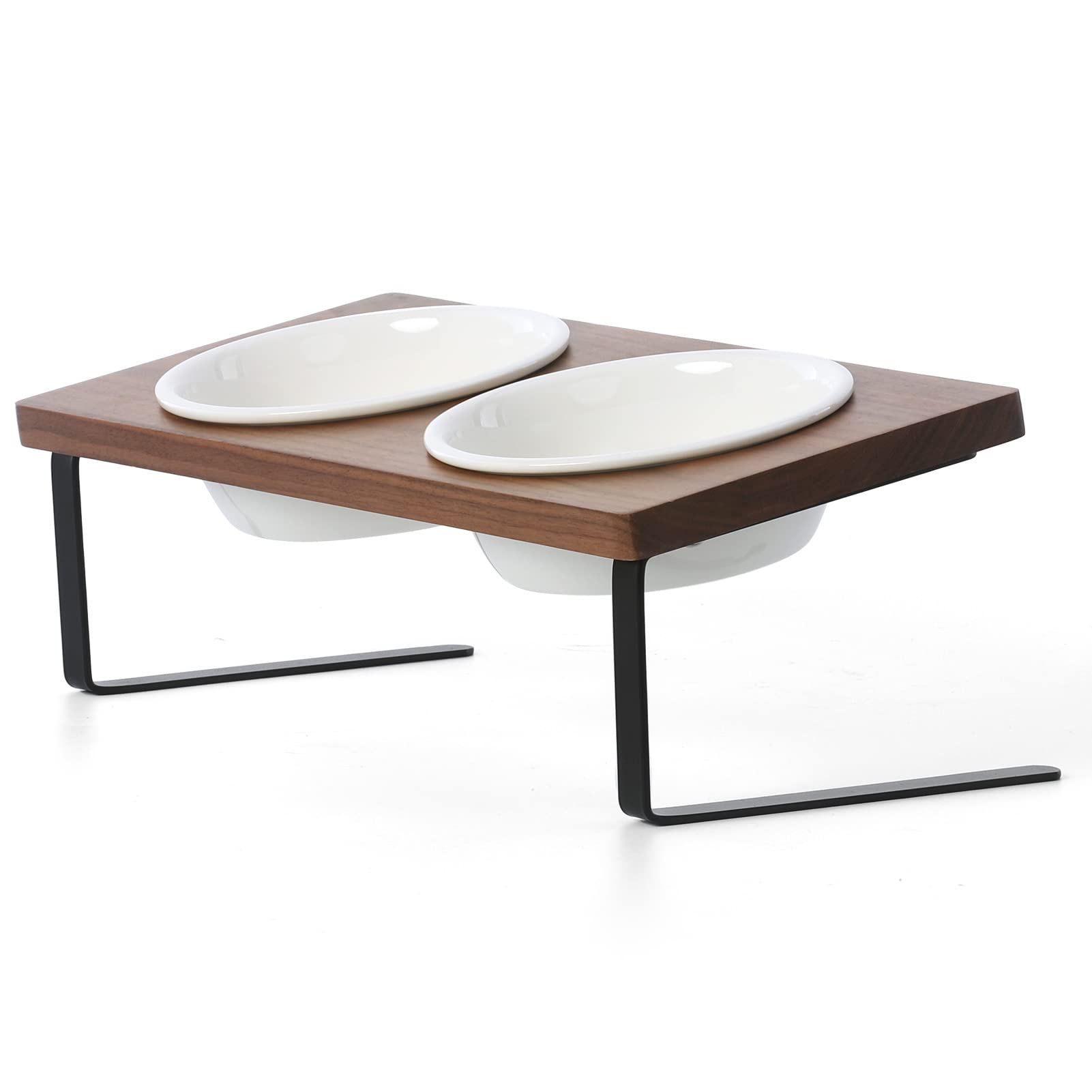 FUKUMARU Elevated Cat Ceramic Bowls, Small Dog 15      Tilted Raised Food Feeding Dishes, Solid Walnut Water Stand Feeder Set fo