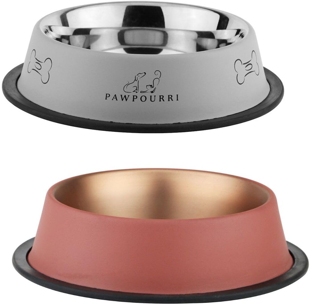 Pawpourri Combo Of AntiSkid Feeding Bowls For Dogs, Cats & Puppy Pet Bowl Pack 2 Stainless Steel Pet Bowl (700 Ml Each, Grey & 
