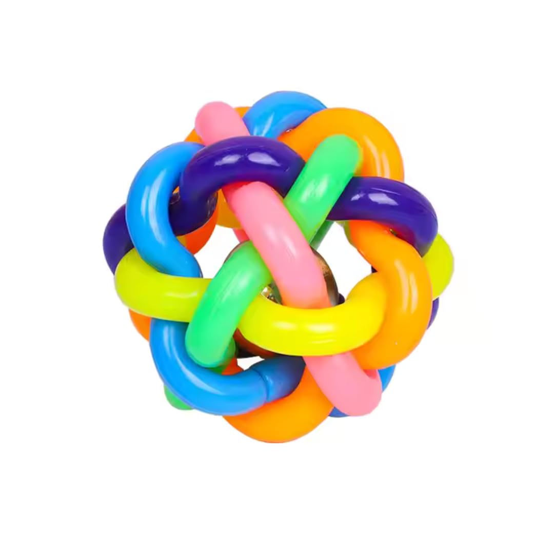 Pet Fun Colorful Wire Knotted Bouncy Rubber Ball With Bell For Cats, Dogs And Puppies | Pet Chewing Toy For Dog Puzzle Cat Inter