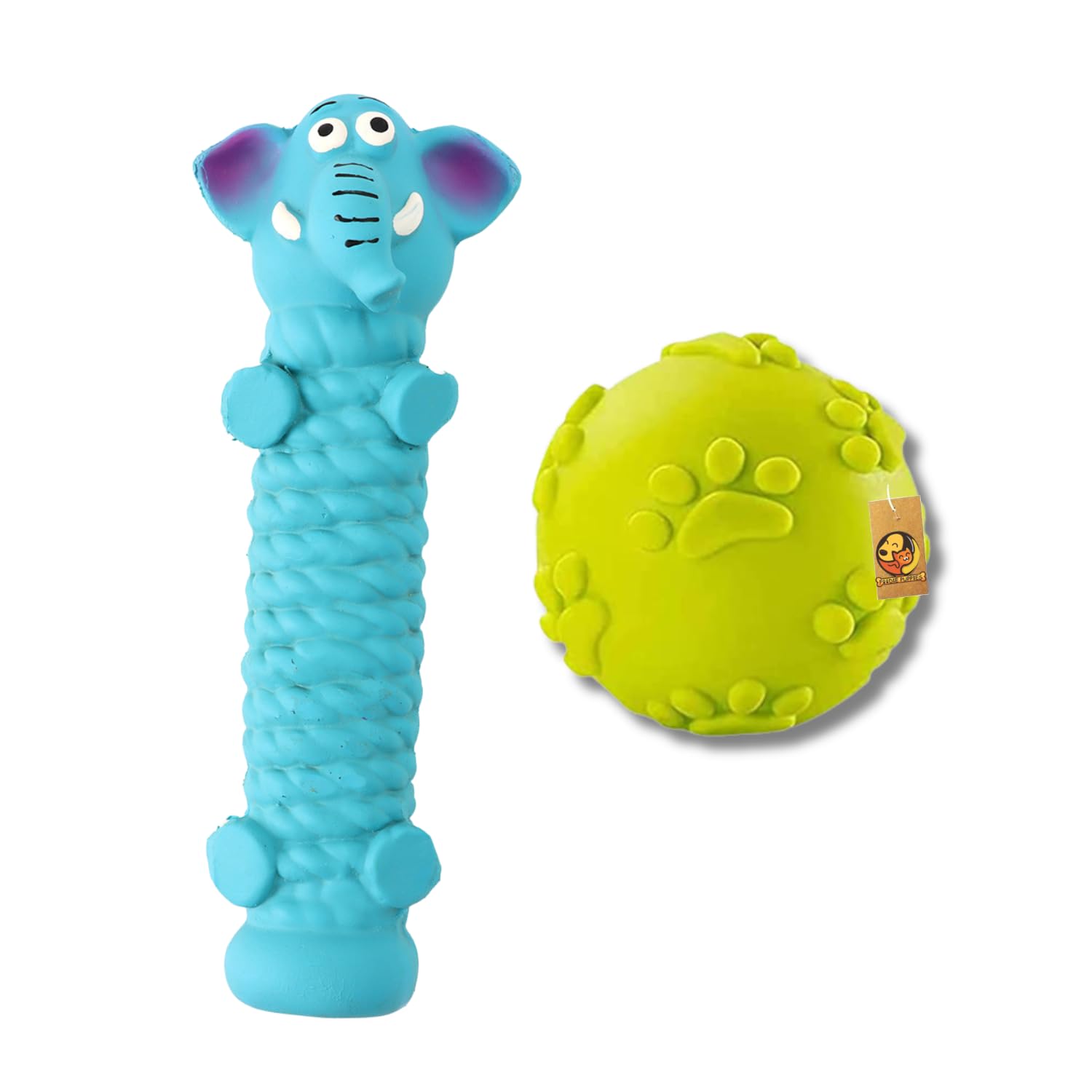 Foodie Puppies 2 In1 Latex Squeaky Chew Dog Toy Combo (Claw Ball + Blue Long Elephant) | NonToxic Interactive Durable Fetch Sof
