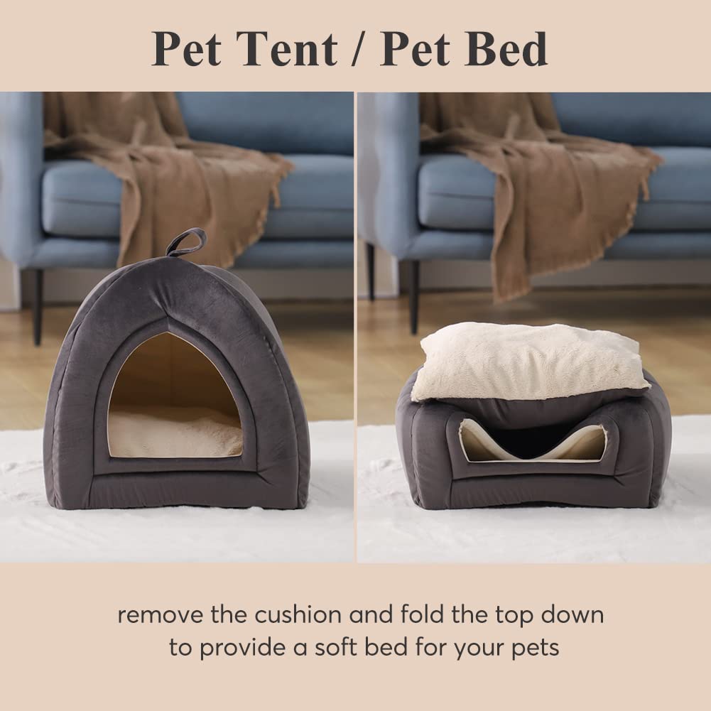 KASENTEX Cat Bed - 2-in-1 Indoor Cat House, Medium Dark Grey, Polyester, Model KVC2207, Removable Washable Pillow