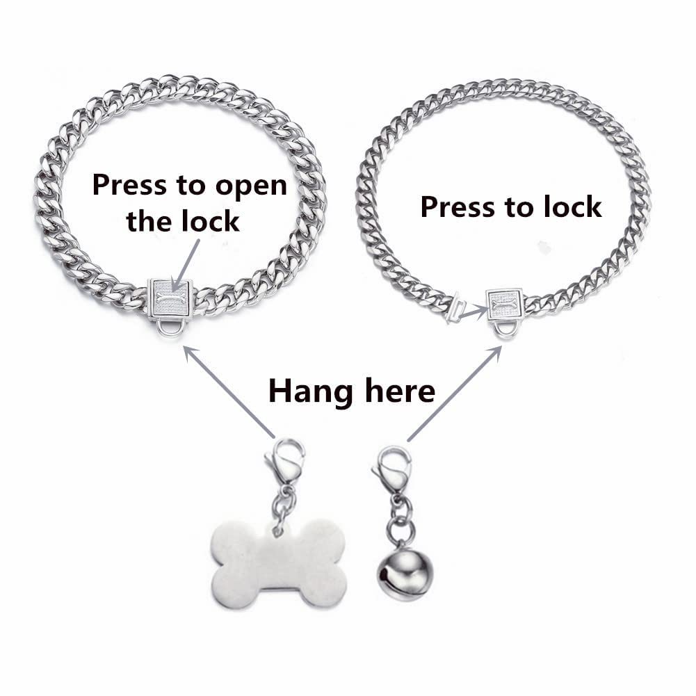 Rumypet Silver Cuban Link Dog Collar Chew Proof Metal Stainless Steel Dog Chain Collar With Cz Lock,Id Tag And Bell 11/15/19Mm For Small Medium Large Dogs(15Mm,16Inch)