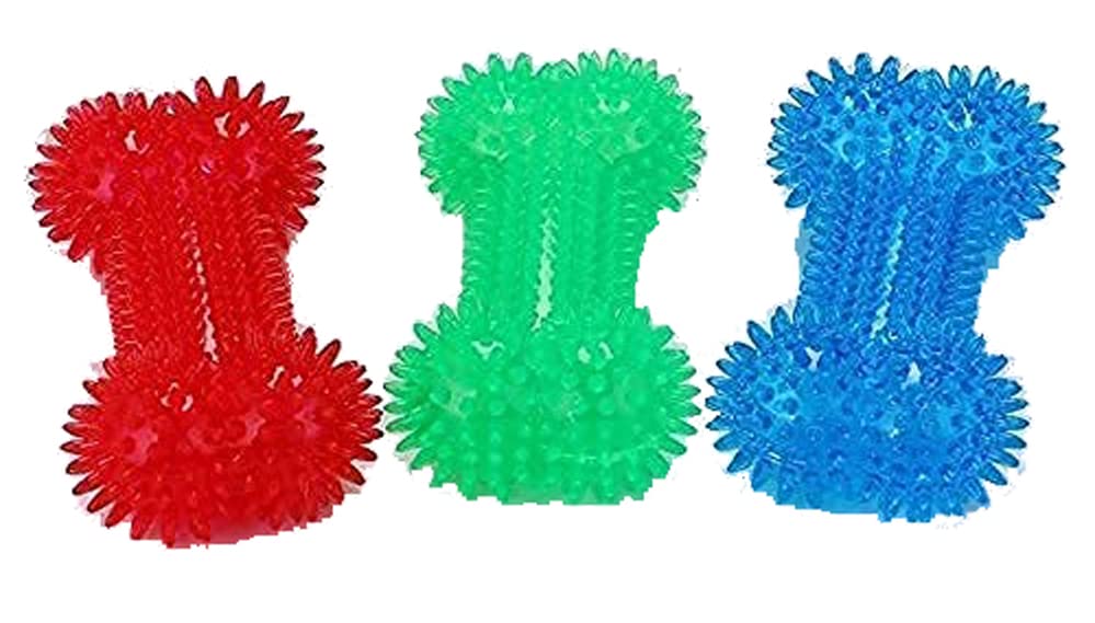 Rvpaws 100% Non Toxic Rubber Flavored Puppy Toy Soft Spike Dumbbell Chew Toy Teething Toy (Soft Spike Dumbbell, Color May Vary)